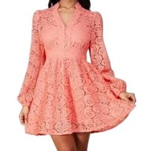L'ATISTE BY AMY‎ Coral Lace Mini Dress Long Sleeve Button Front Party